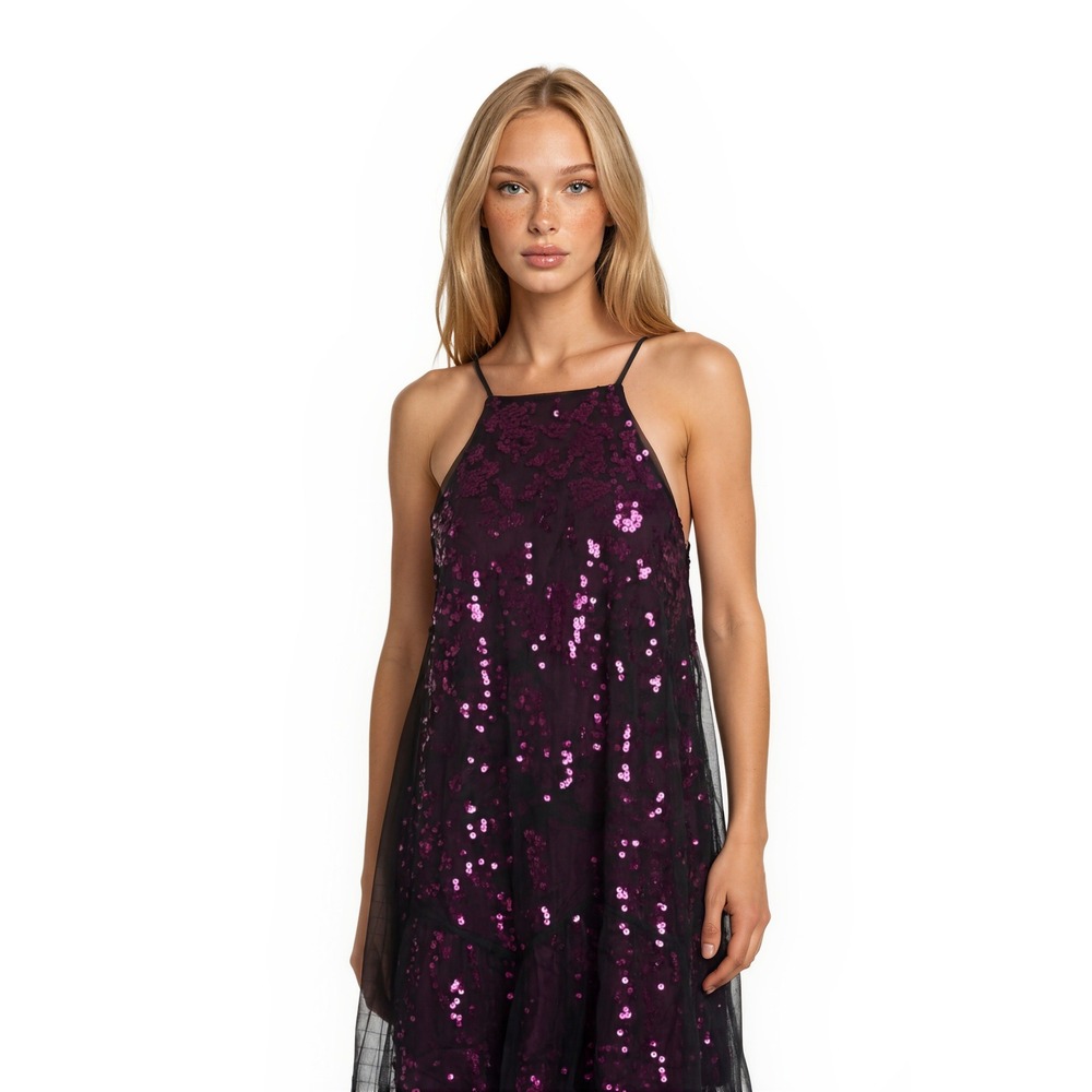 NEW Free People Sequin Dress Womens Size 2 Purple Halter Mini Black Mesh Overlay